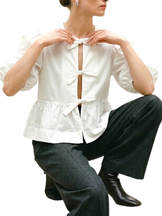 Icone Tops - Quiet luxury white tie front puff sleeve boxy oversied peplum statement blouse M